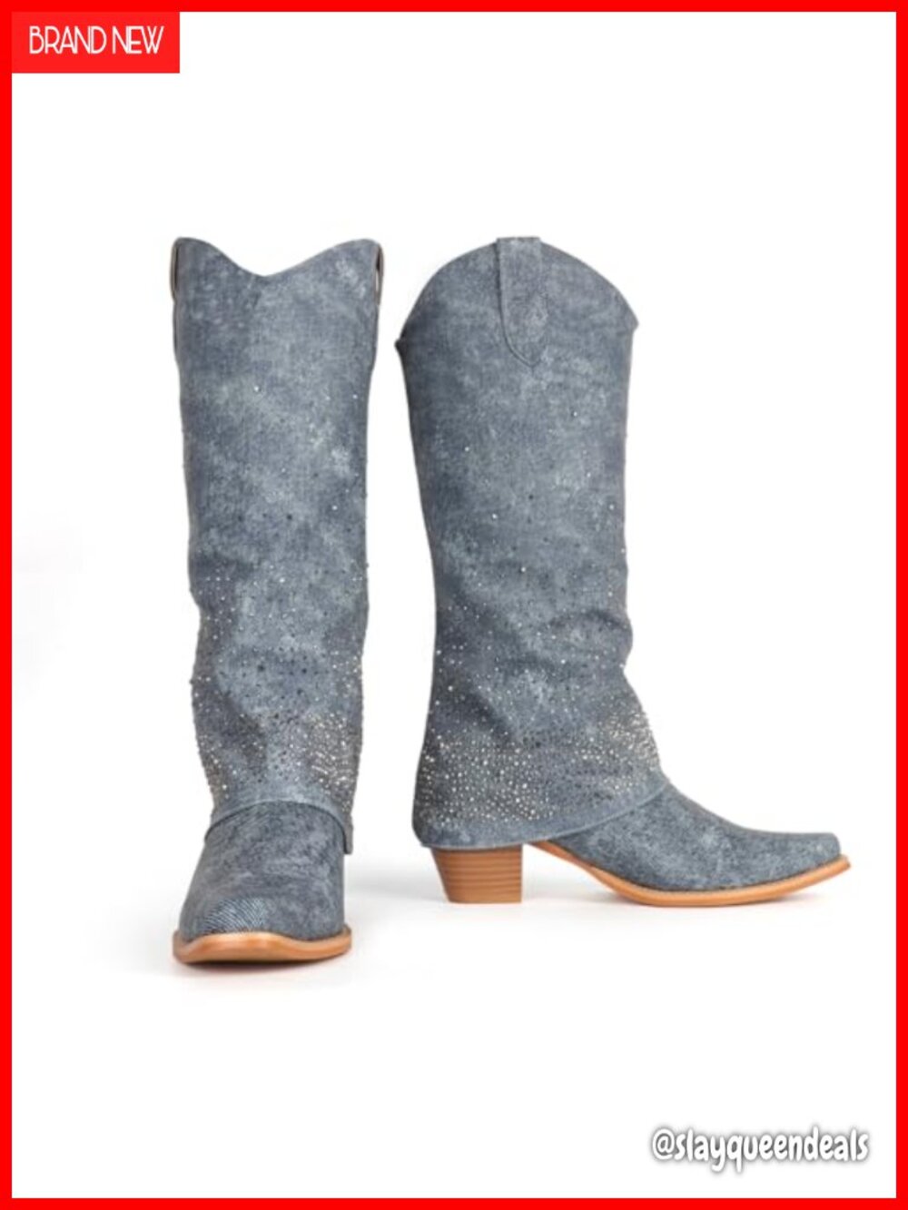 Rhinestone Cowboy Knee High Boots Fold Over Chunky Heel Pointed Toe Pull-On